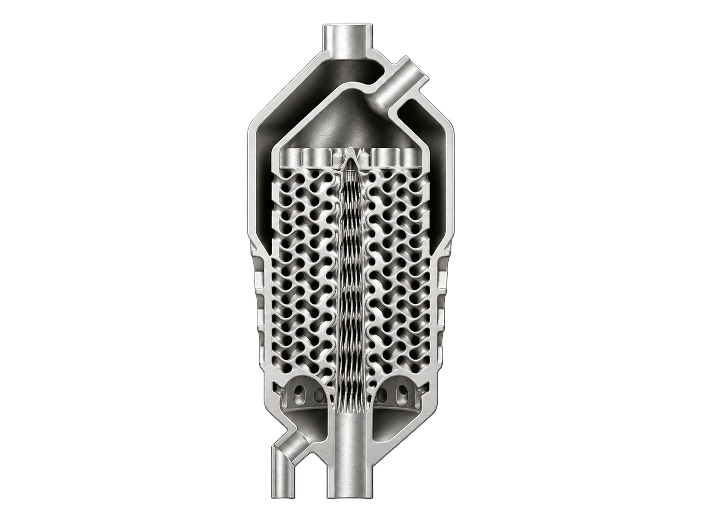 Pièce imprimée en 3D métal : échangeur thermique en coupe avec canaux internes complexes.